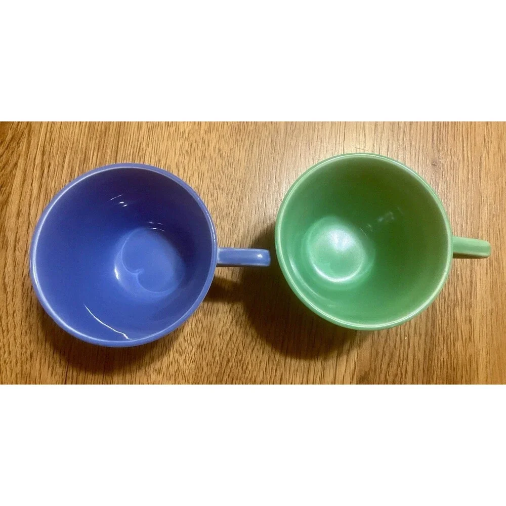 2 Vintage Homer Laughlin Harlequin Tea Coffee Cups Blue & Medium Green